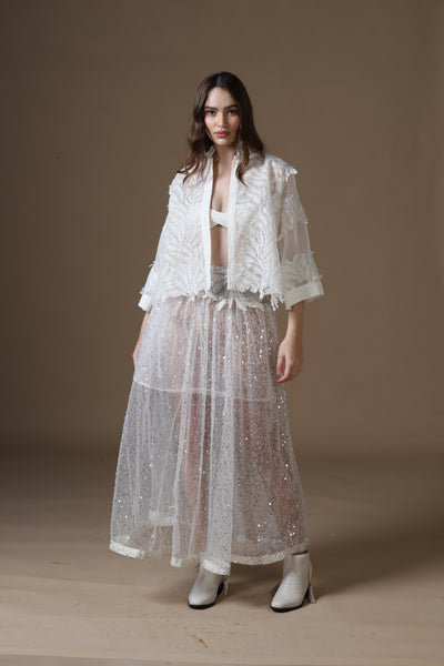 Sequin Embroidered Maxi Skirt, Satin Bra & Seersucker Cutwork Jacket Set