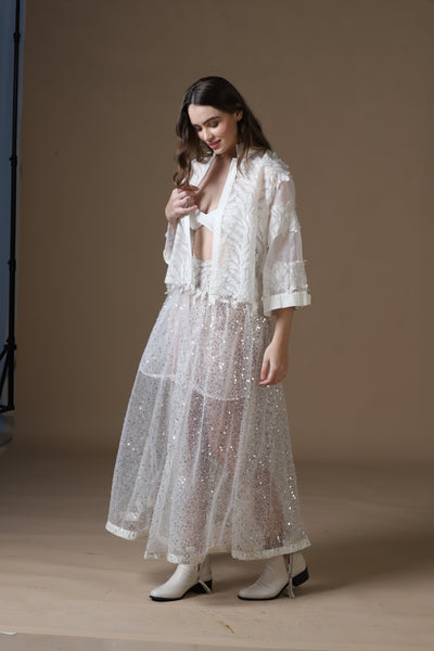 Sequin Embroidered Maxi Skirt, Satin Bra & Seersucker Cutwork Jacket Set