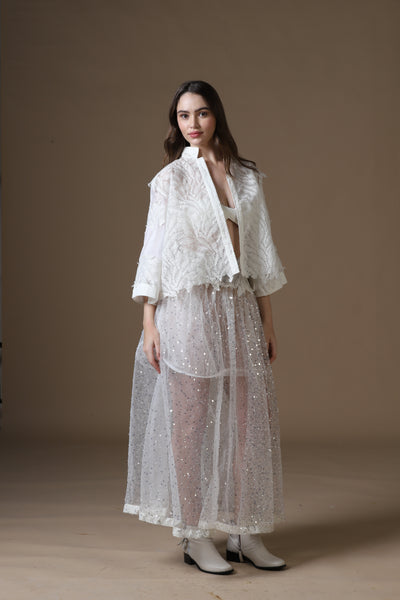 Sequin Embroidered Maxi Skirt, Satin Bra & Seersucker Cutwork Jacket Set