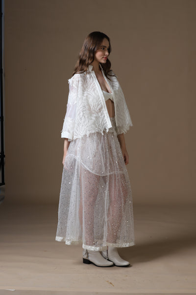 Sequin Embroidered Maxi Skirt, Satin Bra & Seersucker Cutwork Jacket Set