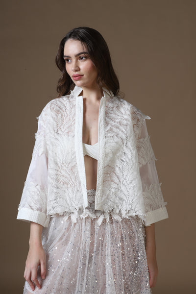 Sequin Embroidered Maxi Skirt, Satin Bra & Seersucker Cutwork Jacket Set