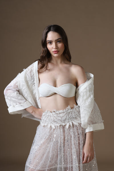 Sequin Embroidered Maxi Skirt, Satin Bra & Seersucker Cutwork Jacket Set