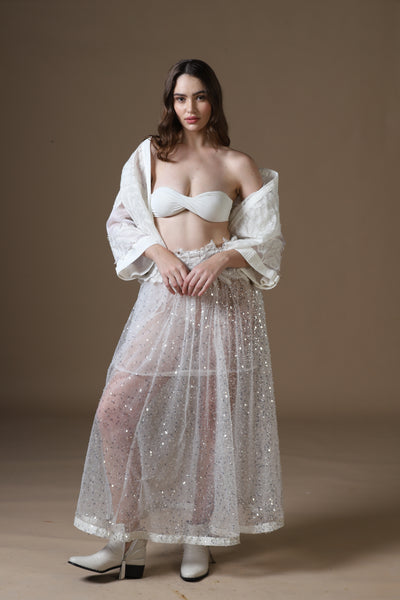 Sequin Embroidered Maxi Skirt, Satin Bra & Seersucker Cutwork Jacket Set