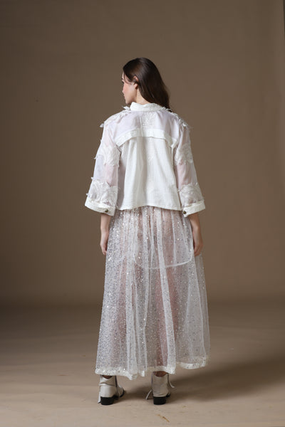 Sequin Embroidered Maxi Skirt, Satin Bra & Seersucker Cutwork Jacket Set