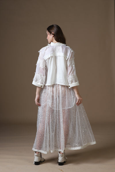 Sequin Embroidered Maxi Skirt, Satin Bra & Seersucker Cutwork Jacket Set