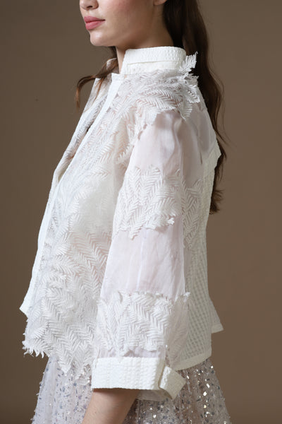 Sequin Embroidered Maxi Skirt, Satin Bra & Seersucker Cutwork Jacket Set