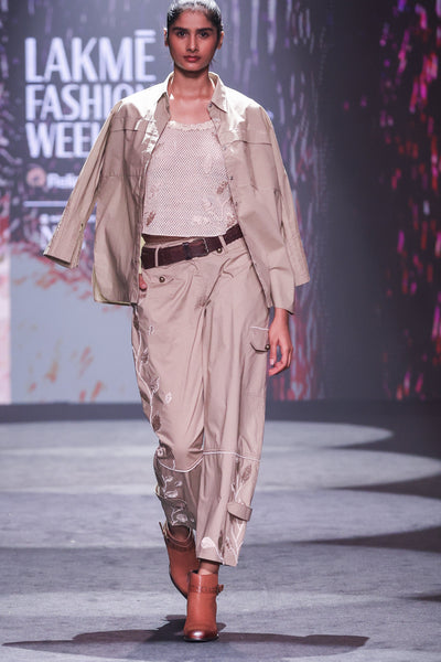 Artisanal Zardozi Embroidered Khaki Poplin 3-Piece Set