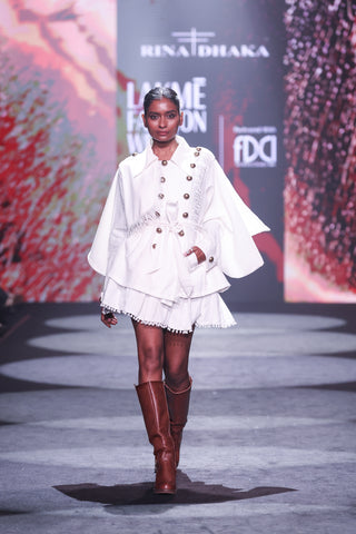 Seersucker Double-Breasted Jacket & Pompom Edge Mini Skirt Set