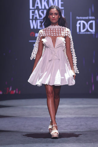 Cotton Crepe Strapless Baby Doll Mini Dress with 3D Floral Appliqué