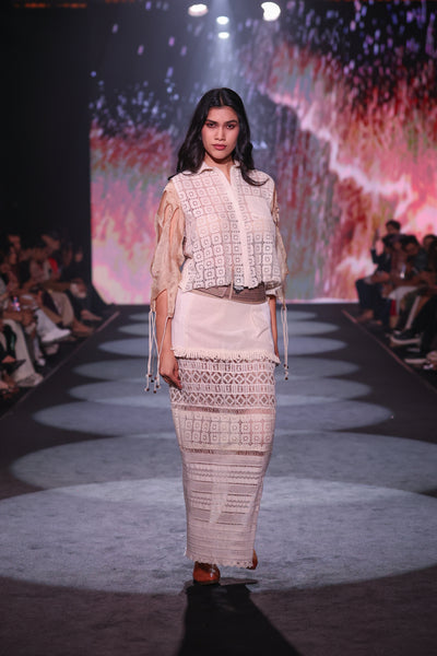 Cotton Lace Crochet Patchwork Maxi Skirt & Cutwork Blouse Set