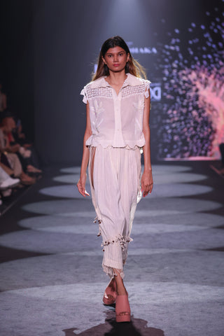 Taj Bootie Embroidered Cotton Blouse & Crinkled Dori-Tuck Pants Set