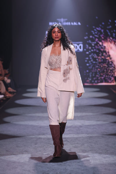 Artisanal Hand-Embroidered Open Kimono Jacket & Cream Handloom Trousers Set