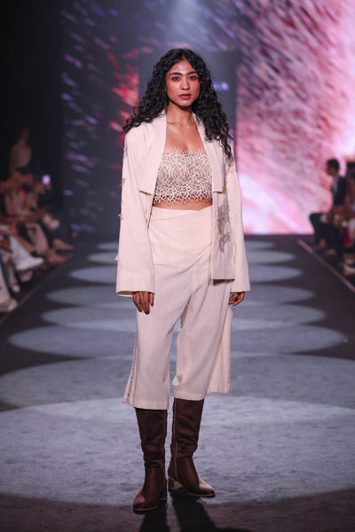 Artisanal Hand-Embroidered Open Kimono Jacket & Cream Handloom Trousers Set