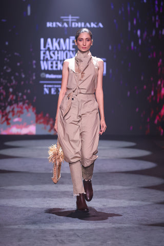 Khaki Poplin Jodhpur-Style Pants & Embroidered Cowl Blouse Set