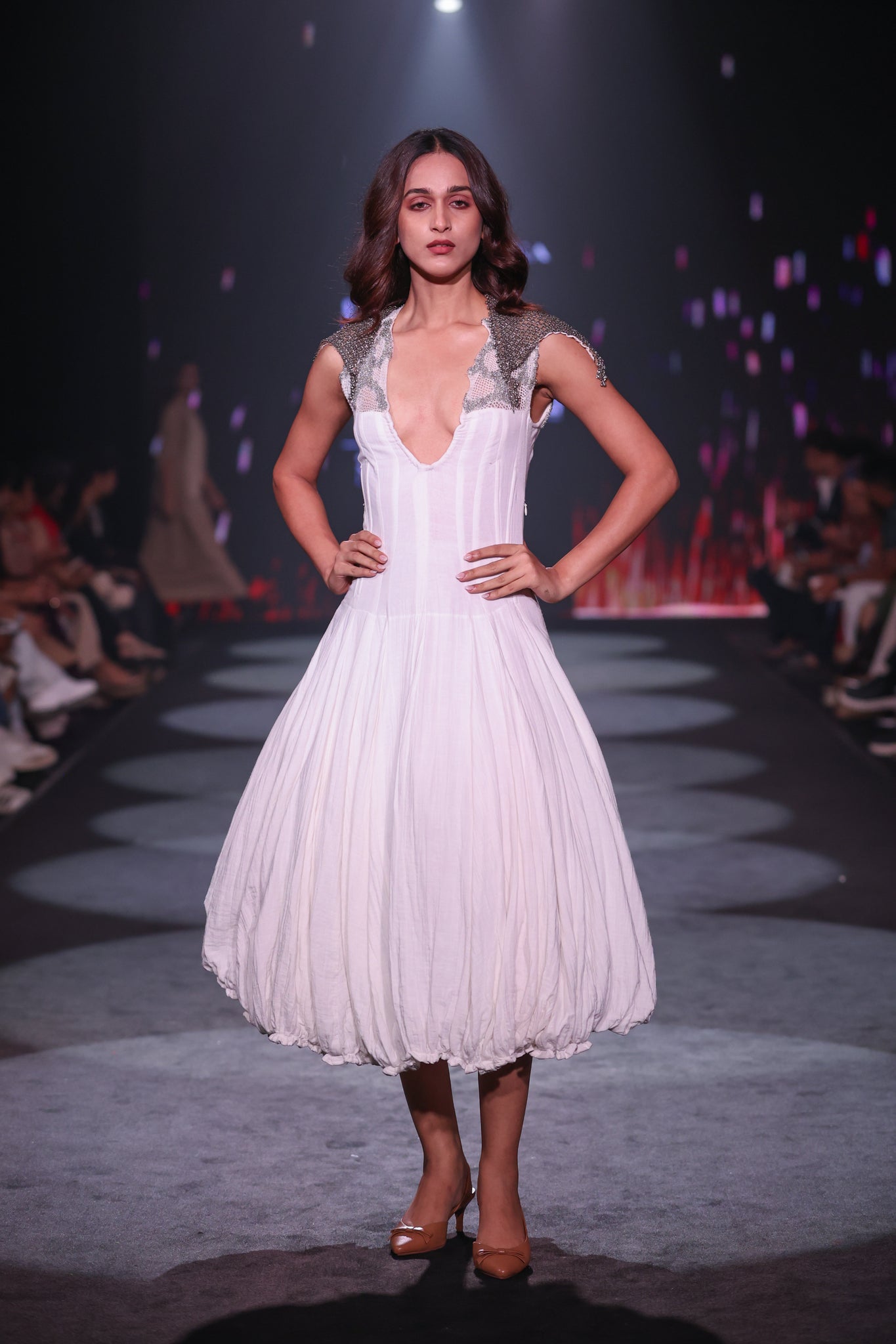 Hand-Embroidered Cotton Crepe Maxi Dress with Silver Fine Beadwork