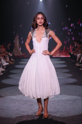 Hand-Embroidered Cotton Crepe Maxi Dress with Silver Fine Beadwork