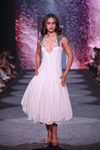 Hand-Embroidered Cotton Crepe Maxi Dress with Silver Fine Beadwork