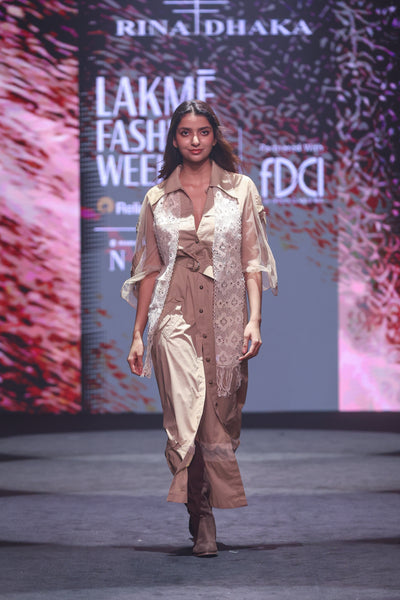 Khaki Poplin Shirt Dress with Sheer Appliqué and 3D Taj Bootie Embroidery