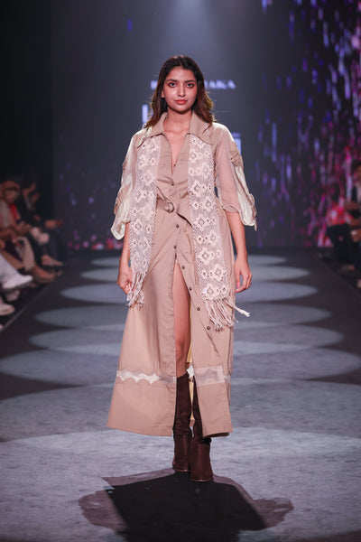 Khaki Poplin Shirt Dress with Sheer Appliqué and 3D Taj Bootie Embroidery