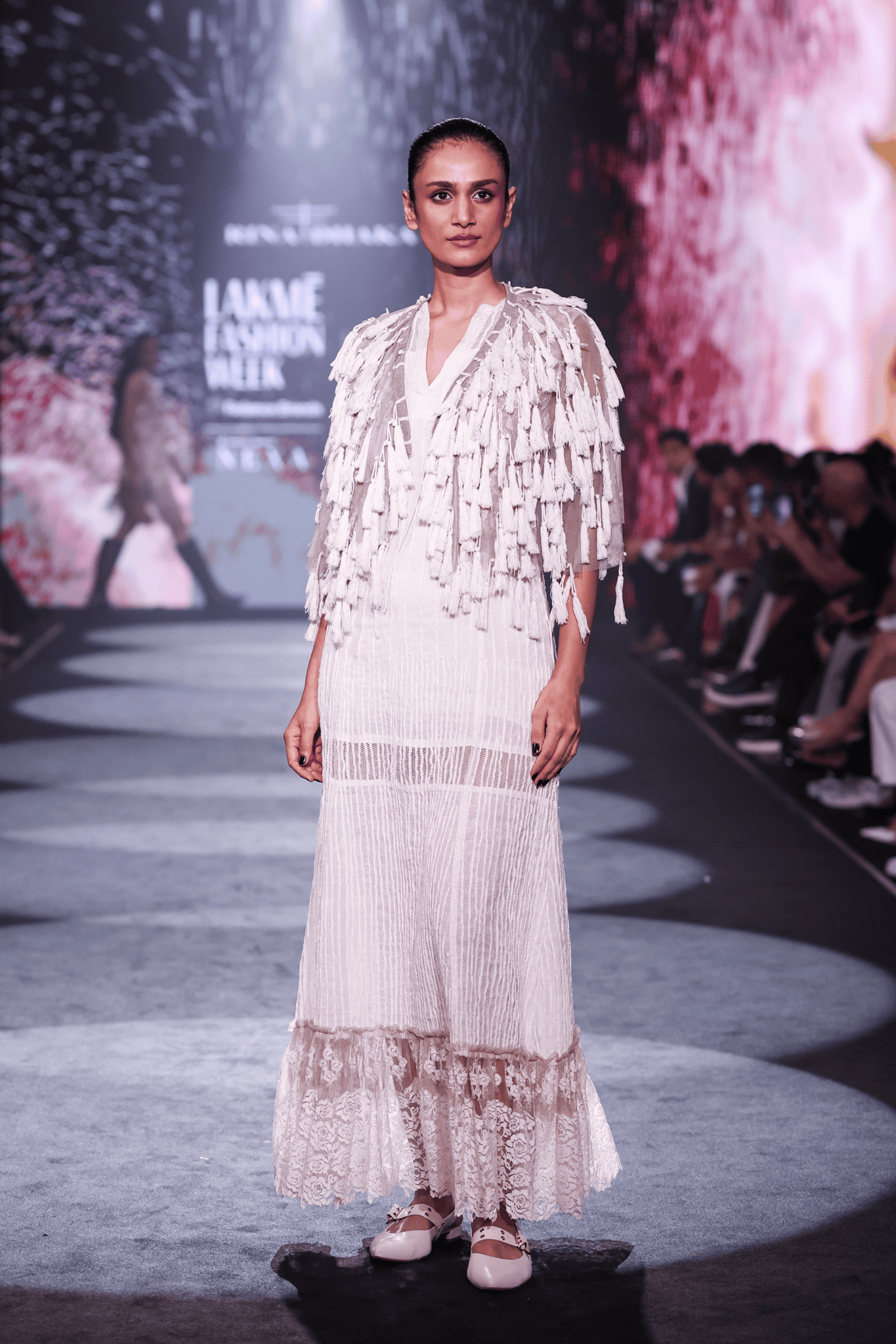 Velour Thread Cotton Maxi Dress & Tasseled Net Gilet Ensemble