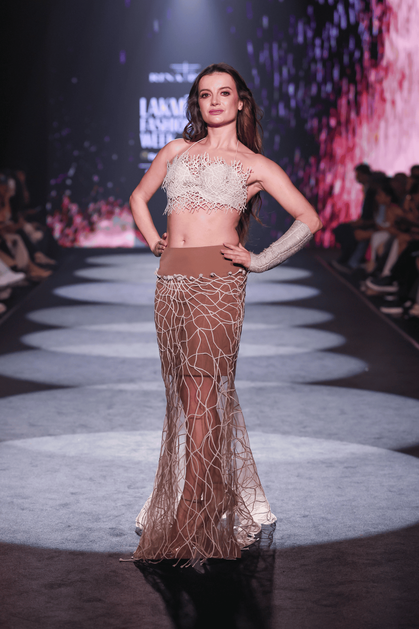 Lattice Cotton Jaali Bra Top &amp; Tulle Cord Appliqué Maxi Skirt Set