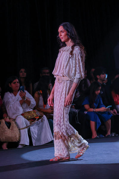 Lace Net Maxi Dress with Cotton Thread Embroidery