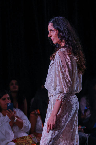 Lace Net Maxi Dress with Cotton Thread Embroidery