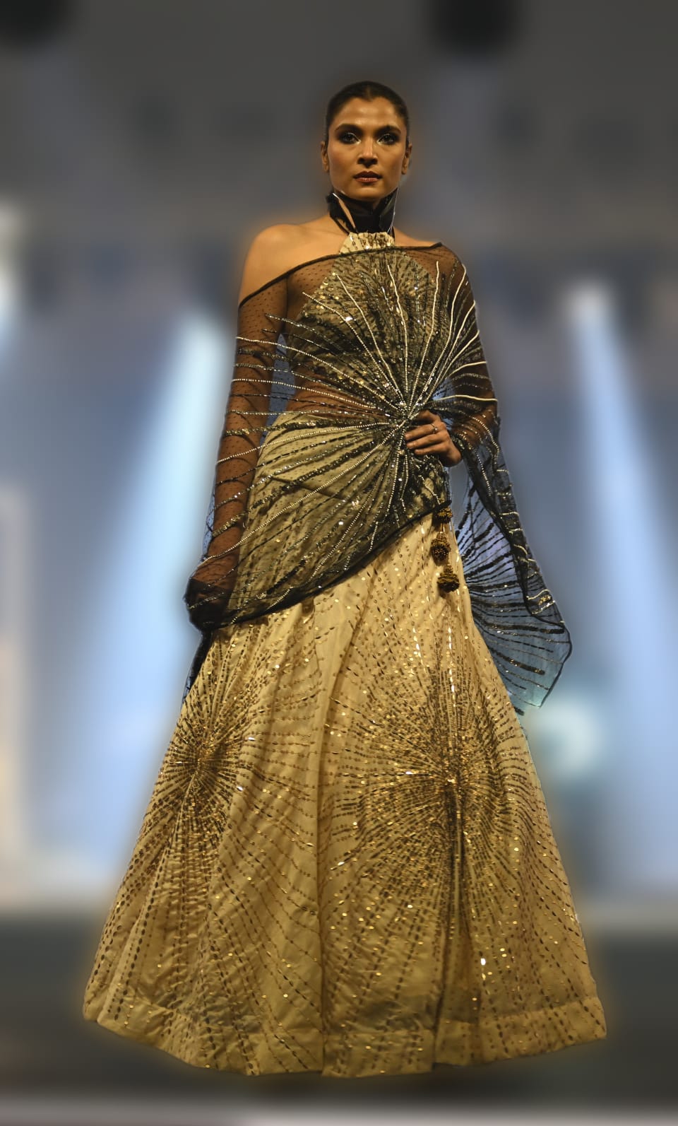 Lengha With Sunburst Effect Hand Embroidery