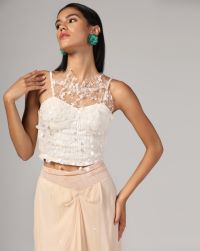 Peach georgette/ net with very fine floral thread work embroidered ,pin tuck white bustier and an overlay with feathers