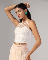 Peach georgette/ net with very fine floral thread work embroidered ,pin tuck white bustier and an overlay with feathers