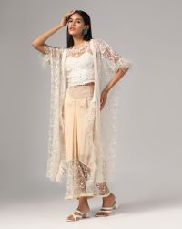 Peach georgette/ net with very fine floral thread work embroidered ,pin tuck white bustier and an overlay with feathers