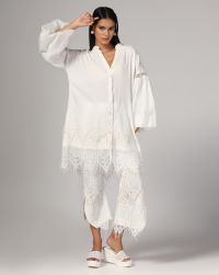 Cotton Woven Dobby Set With Fine Beading & Laces Jacket Top With Bubble Sleeves