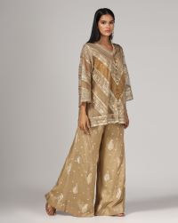 Khaki gold net silk embroidered wide leg pant and front open soft jacket net