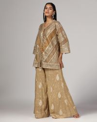 Khaki gold net silk embroidered wide leg pant and front open soft jacket net