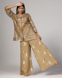 Khaki gold net silk embroidered wide leg pant and front open soft jacket net