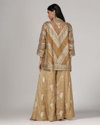 Khaki gold net silk embroidered wide leg pant and front open soft jacket net