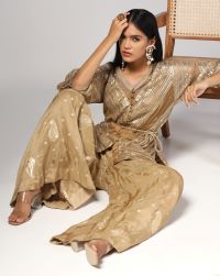 Khaki gold net silk embroidered wide leg pant and front open soft jacket net