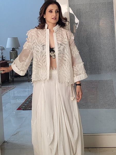 The cowl dhoti skirt ,with the leaf lace jacket ,blk tree bustier