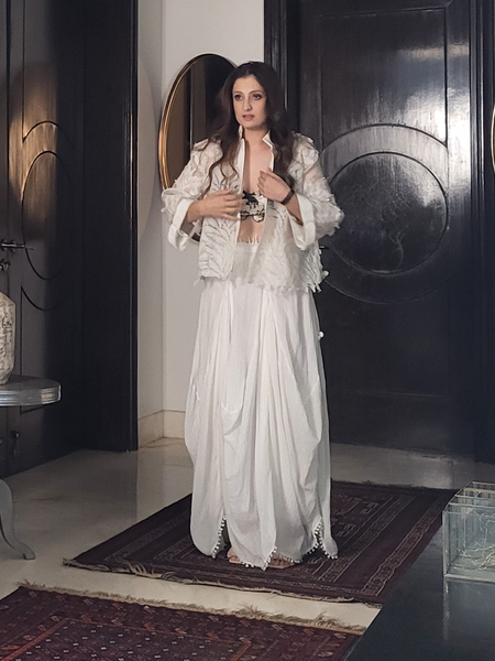 The cowl dhoti skirt ,with the leaf lace jacket ,blk tree bustier