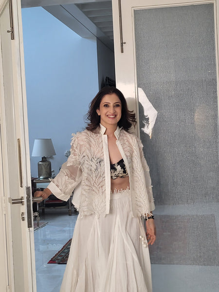 The cowl dhoti skirt ,with the leaf lace jacket ,blk tree bustier