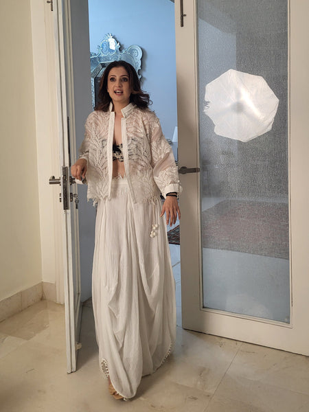 The cowl dhoti skirt ,with the leaf lace jacket ,blk tree bustier