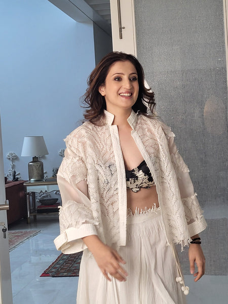 The cowl dhoti skirt ,with the leaf lace jacket ,blk tree bustier
