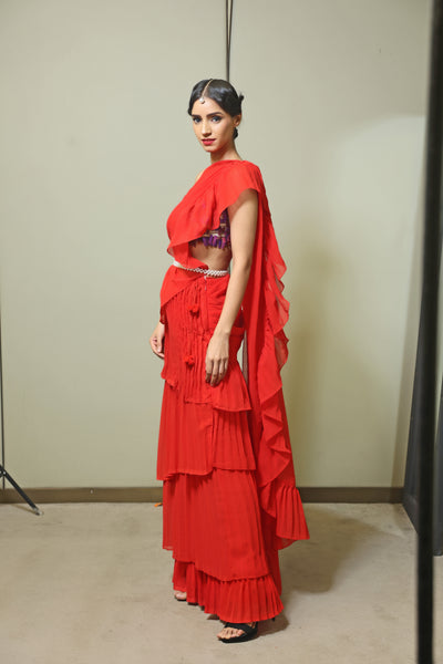 Red Plisse Tiered Sari Skirt