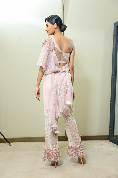 Embroidered Trousers with One-shoulder Blouse