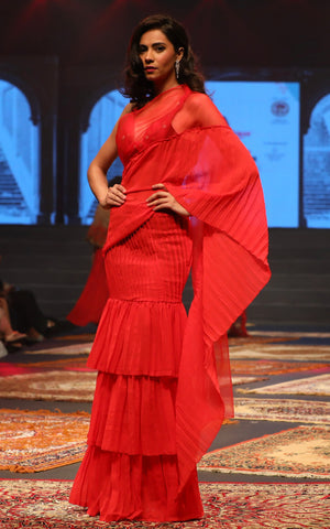 Red Plisse Tiered Saree with Halter Blouse