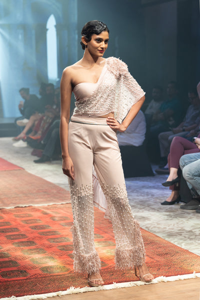 Embroidered Trousers with One-shoulder Blouse
