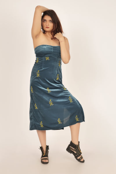 Teal Blue velvet tube ankle length dress