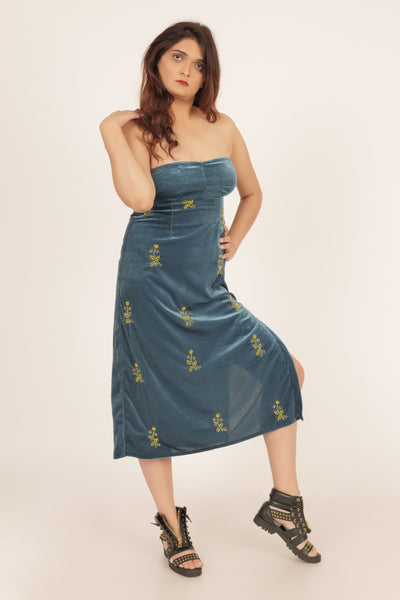 Teal Blue velvet tube ankle length dress