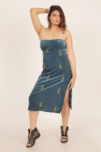 Teal Blue velvet tube ankle length dress