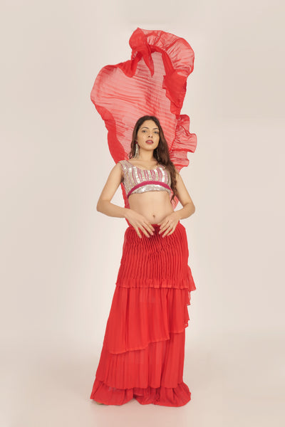 Red Plisse Tiered Sari Skirt